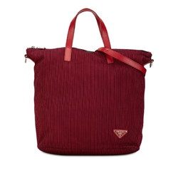 Prada Triangle Plate Stripe Handbag Shoulder Bag Red Black Cotton Leather Women's PRADA