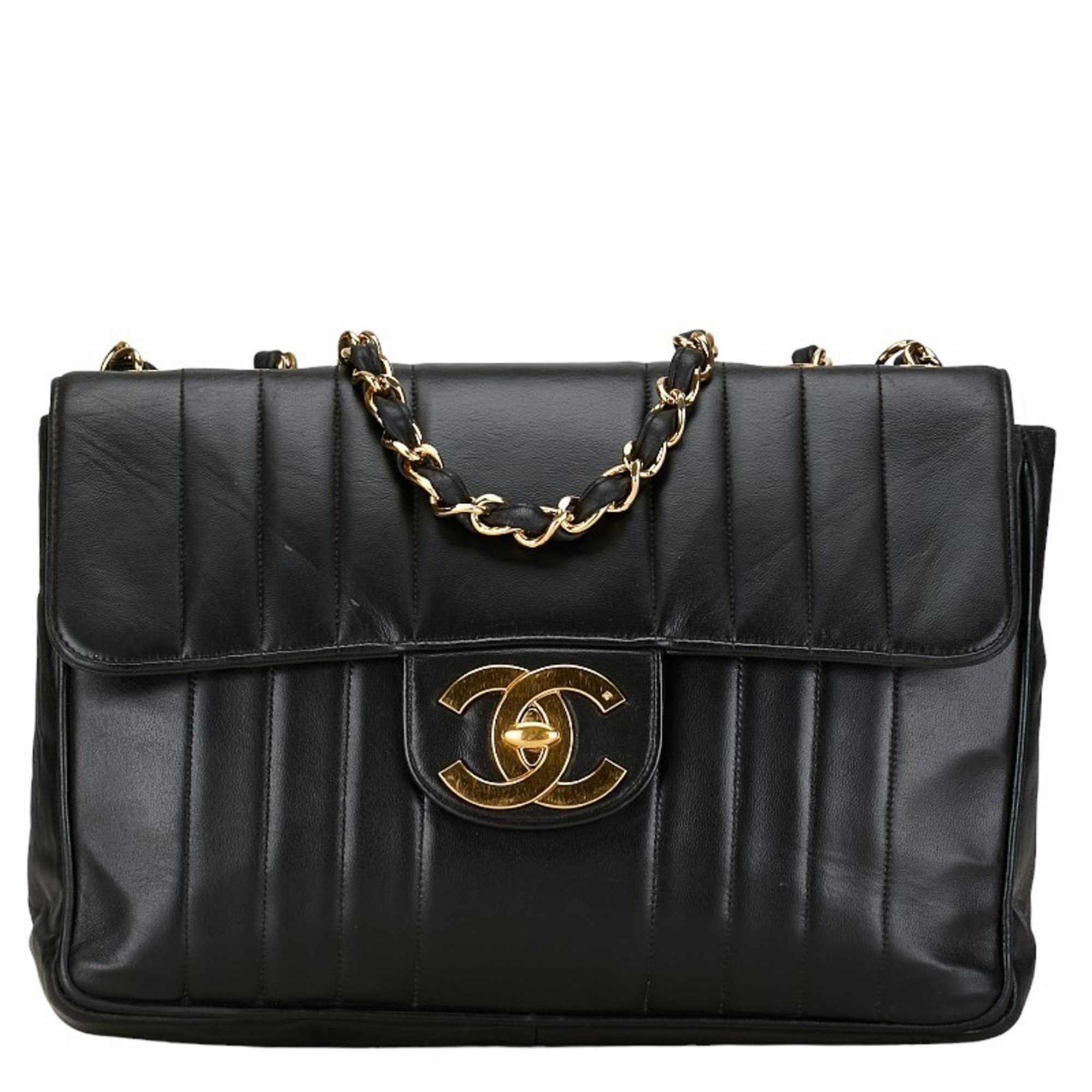 CHANEL Mademoiselle Coco Mark Double Flap Chain Shoulder Bag Black Lambskin Women's