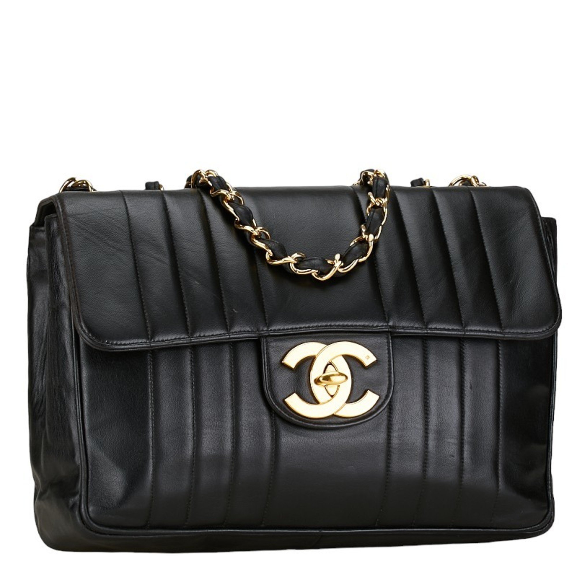 CHANEL Mademoiselle Coco Mark Double Flap Chain Shoulder Bag Black Lambskin Women's