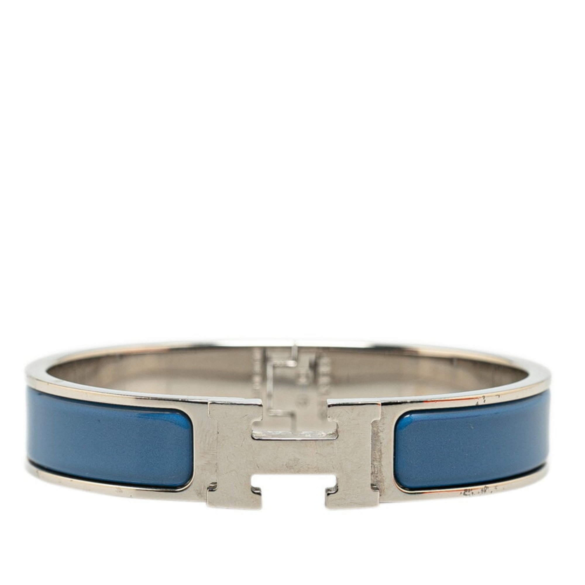 Hermes Click-Clack H PM Bangle Silver Blue Metal Women's HERMES