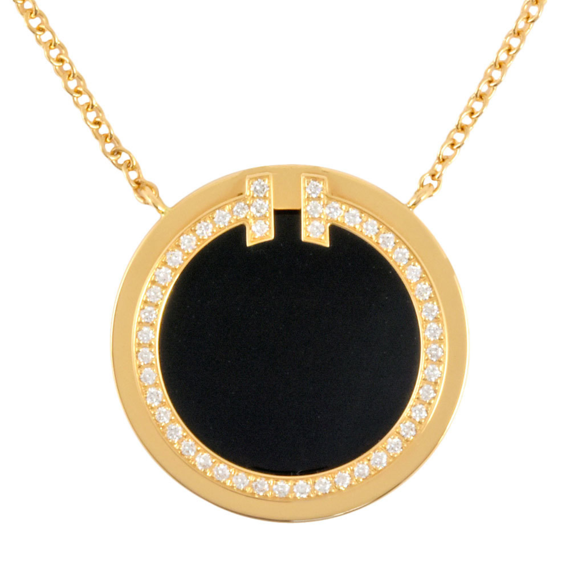 Tiffany & Co. T Two Diamond Black Onyx Circle Pendant Necklace 0.05ct K18YG 45.5cm 4.2g Women's