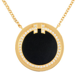 Tiffany & Co. T Two Diamond Black Onyx Circle Pendant Necklace 0.05ct K18YG 45.5cm 4.2g Women's