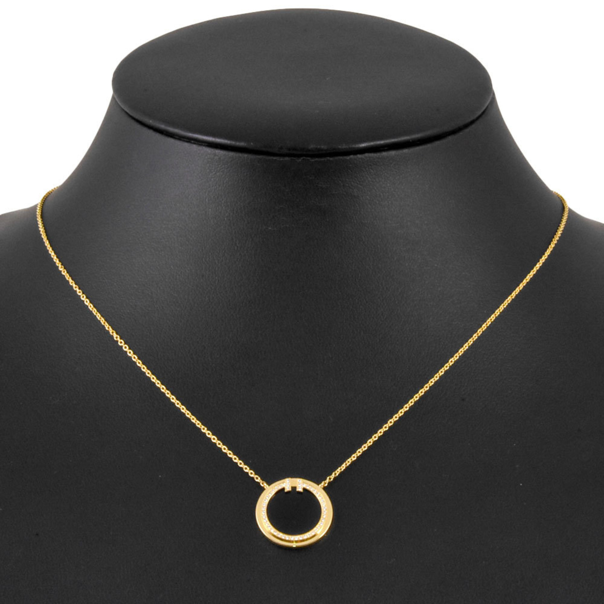 Tiffany & Co. T Two Diamond Black Onyx Circle Pendant Necklace 0.05ct K18YG 45.5cm 4.2g Women's