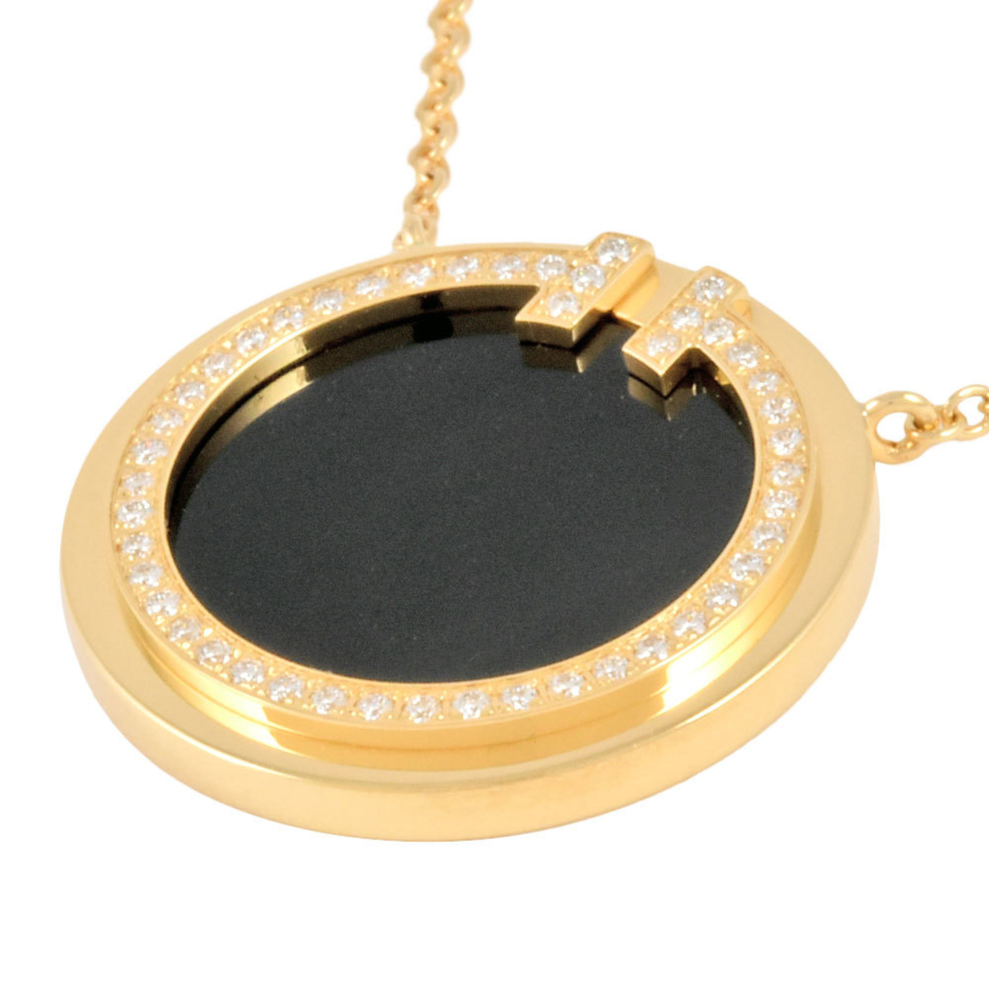 Tiffany & Co. T Two Diamond Black Onyx Circle Pendant Necklace 0.05ct K18YG 45.5cm 4.2g Women's