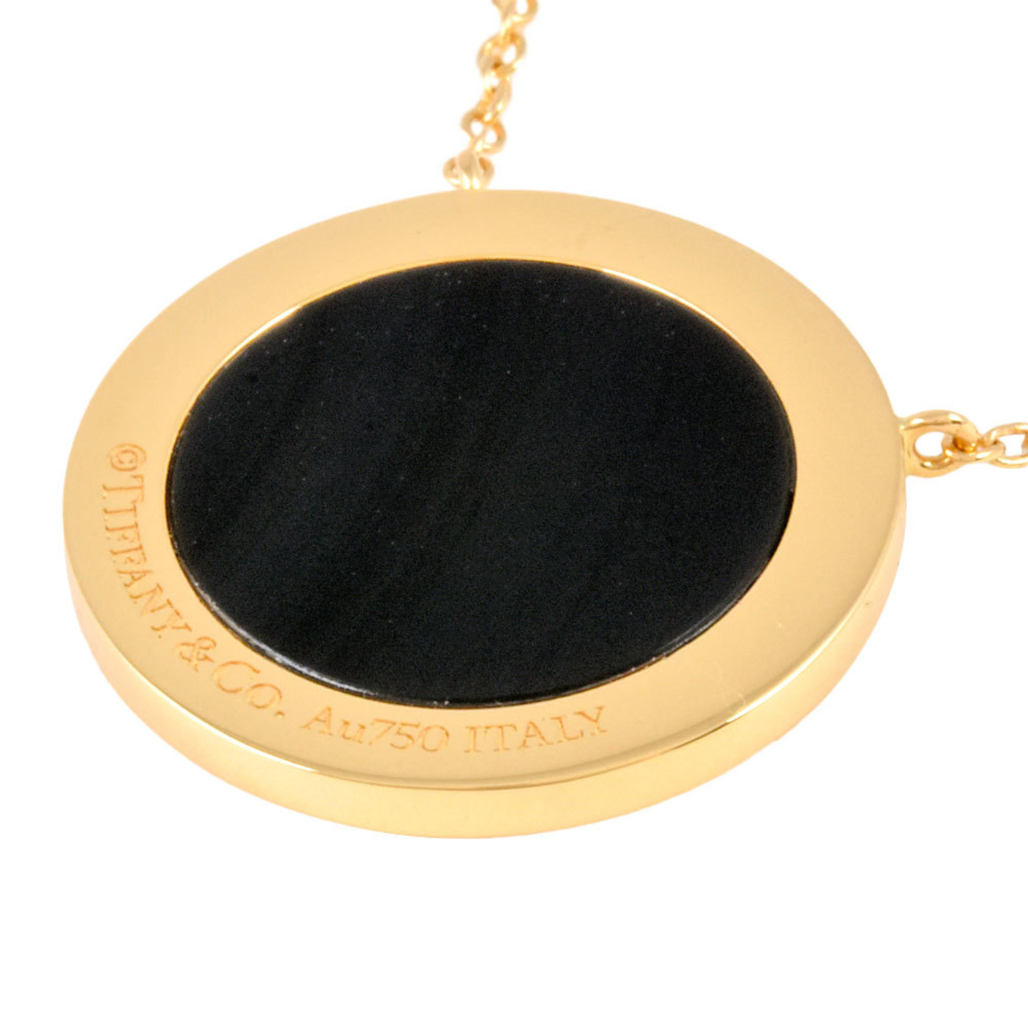 Tiffany & Co. T Two Diamond Black Onyx Circle Pendant Necklace 0.05ct K18YG 45.5cm 4.2g Women's