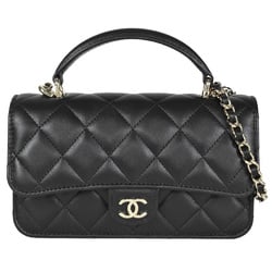 CHANEL Matelasse Coco Mark Phone Case Chain Shoulder Bag Lambskin AP3226 Black Champagne Women's