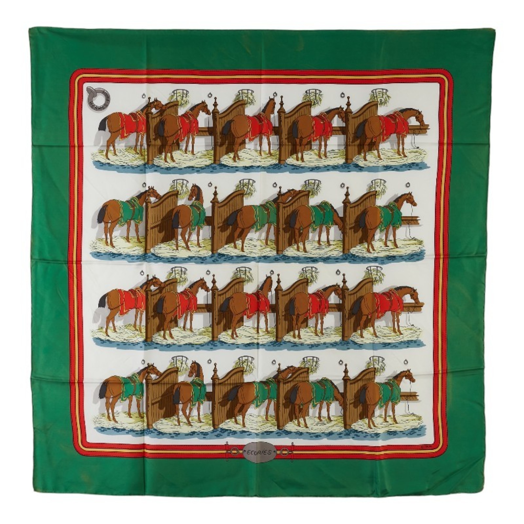 Hermes Carre 90 ECURIES Stable Horse Pattern Scarf Muffler Green Multicolor Silk Women's HERMES