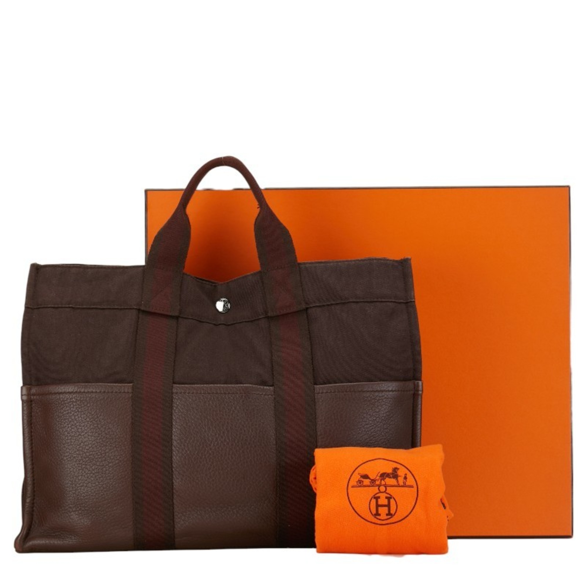 Hermes Fruit MM Tote Bag Handbag Brown Leather Canvas Women's HERMES