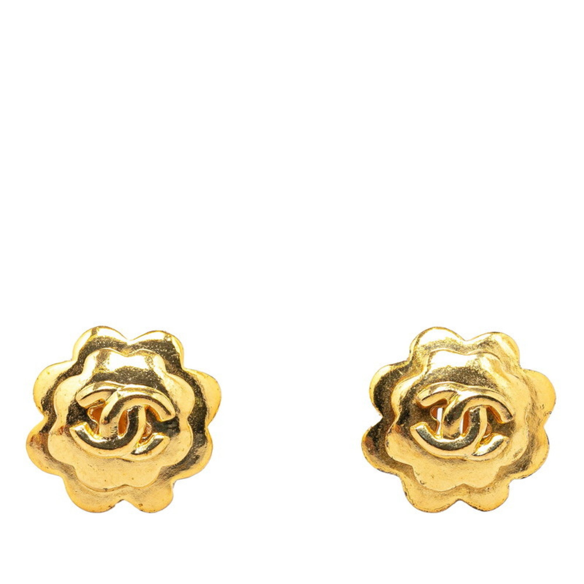 Chanel Coco Mark Flower Motif Earrings Gold Plated Women's CHANEL