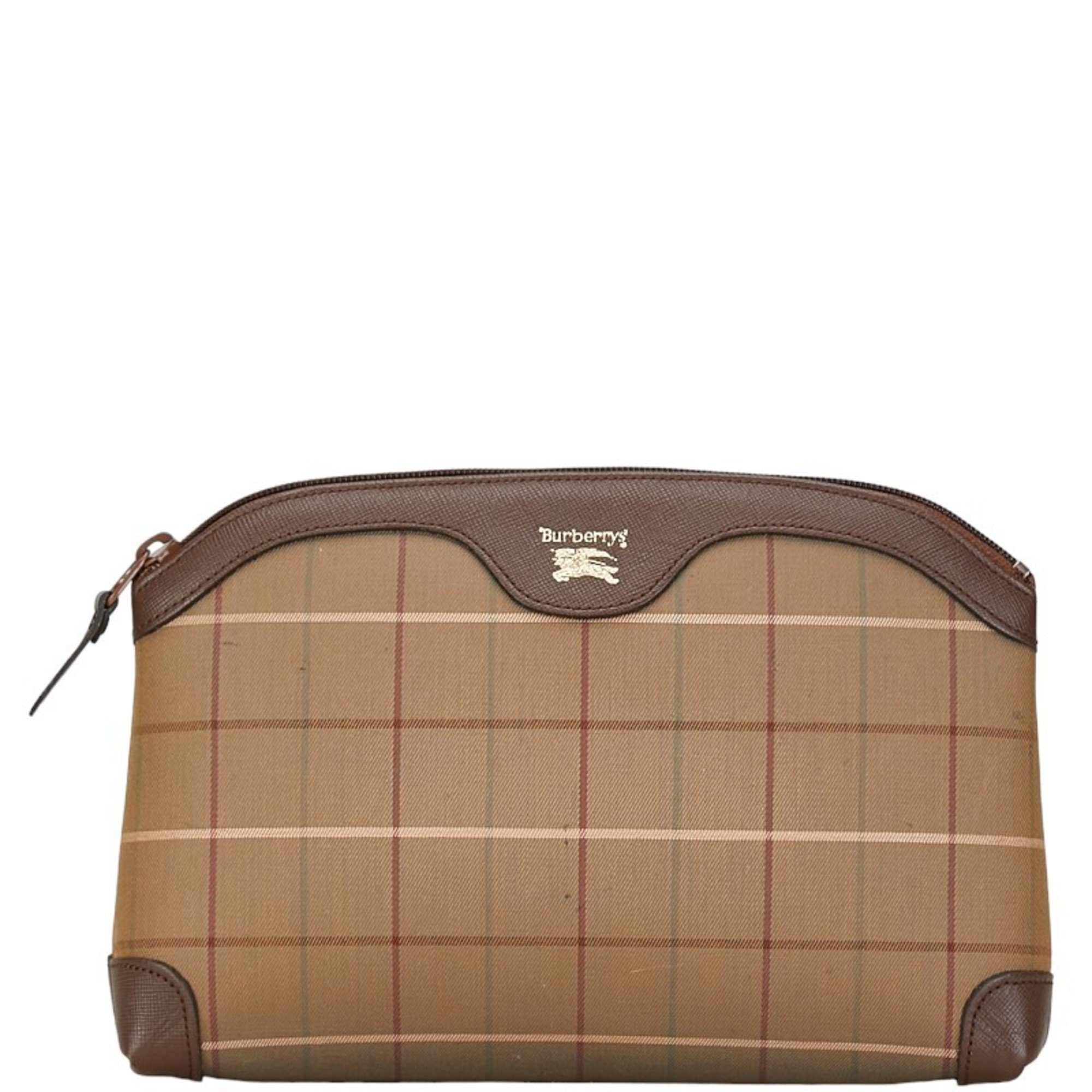 Burberry Check Second Bag Pouch Brown Khaki Canvas Leather Women's BURBERRY