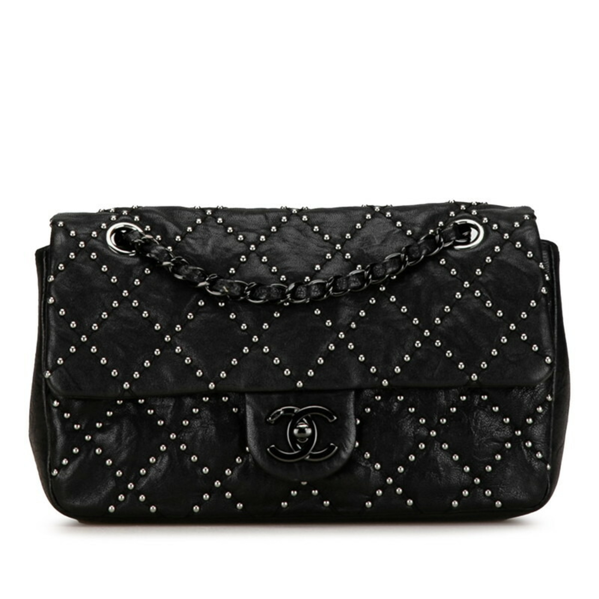 CHANEL Matelasse Stud Chain Shoulder Bag Black Lambskin Women's