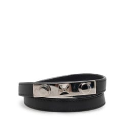 Saint Laurent Double Wrap Bracelet 440697 Black Silver Leather Men's SAINT LAURENT