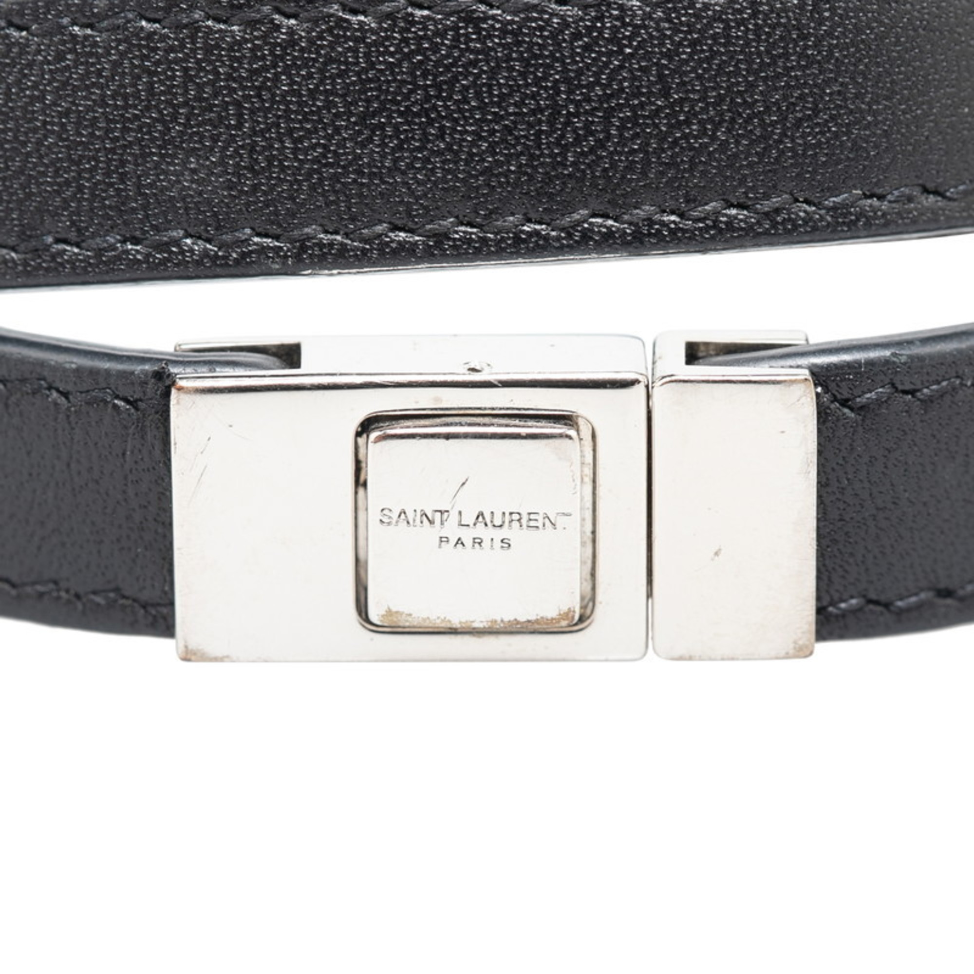 Saint Laurent Double Wrap Bracelet 440697 Black Silver Leather Men's SAINT LAURENT