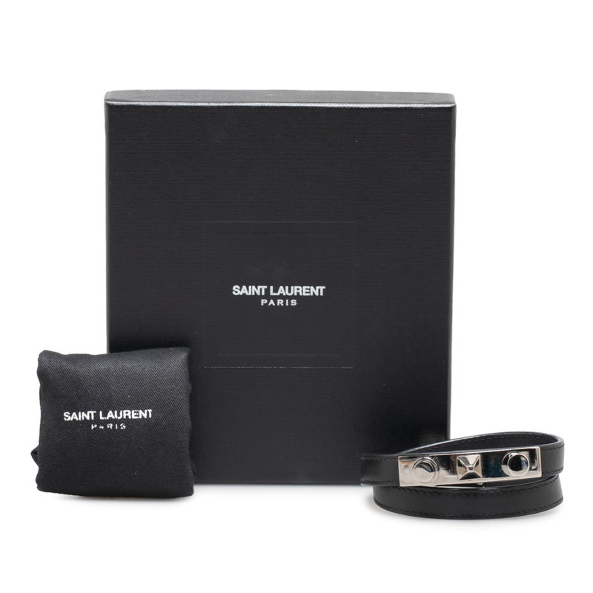 Saint Laurent Double Wrap Bracelet 440697 Black Silver Leather Men's SAINT LAURENT