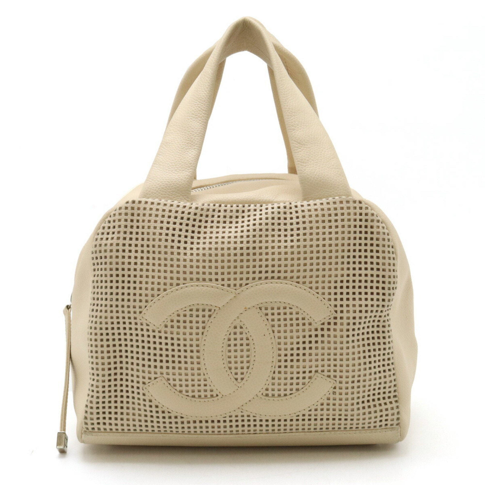 CHANEL Coco Mark Handbag Bag Punching Mesh Leather Beige