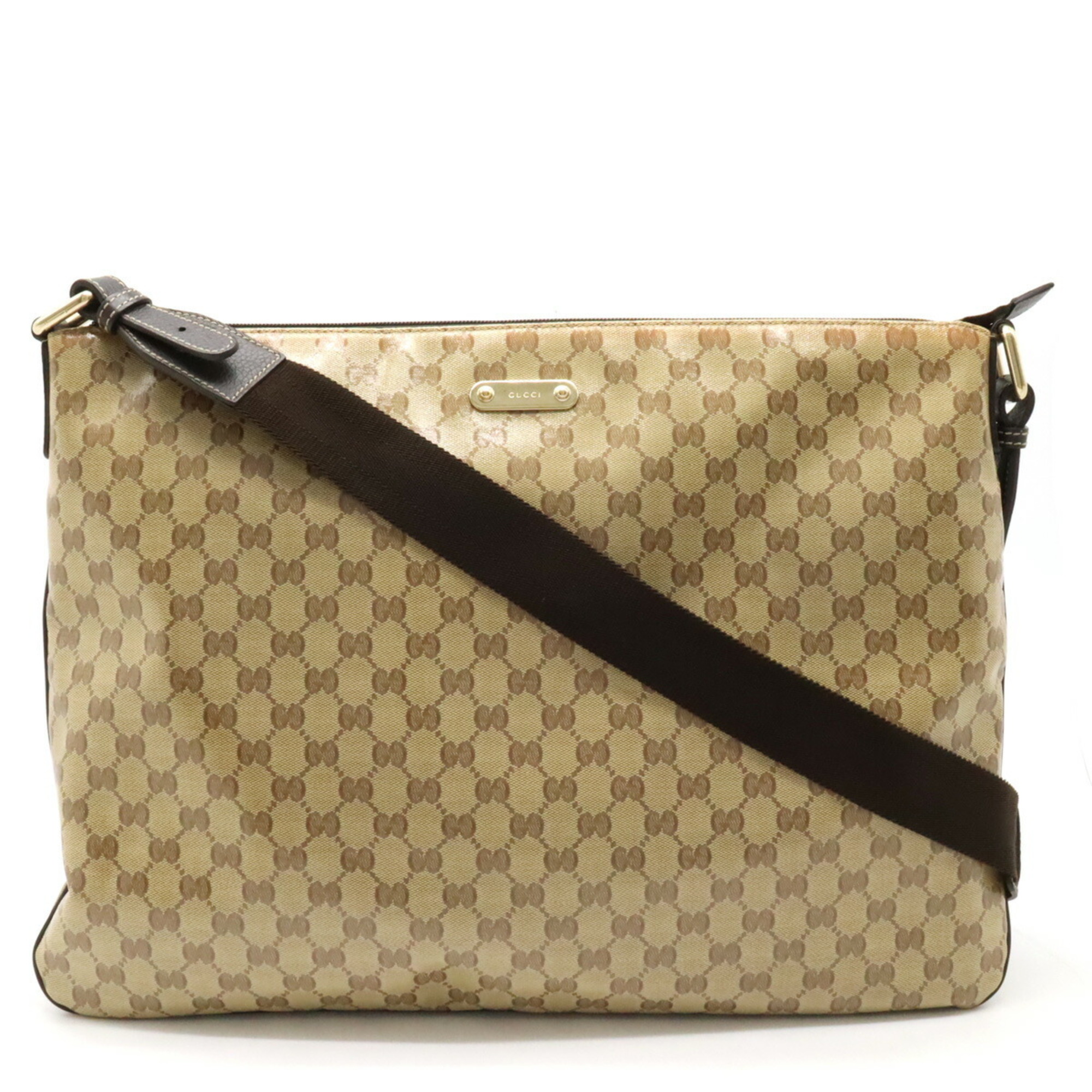 GUCCI GG Crystal Shoulder Bag, Coated Canvas, Leather, Khaki Beige, Dark Brown, 190628