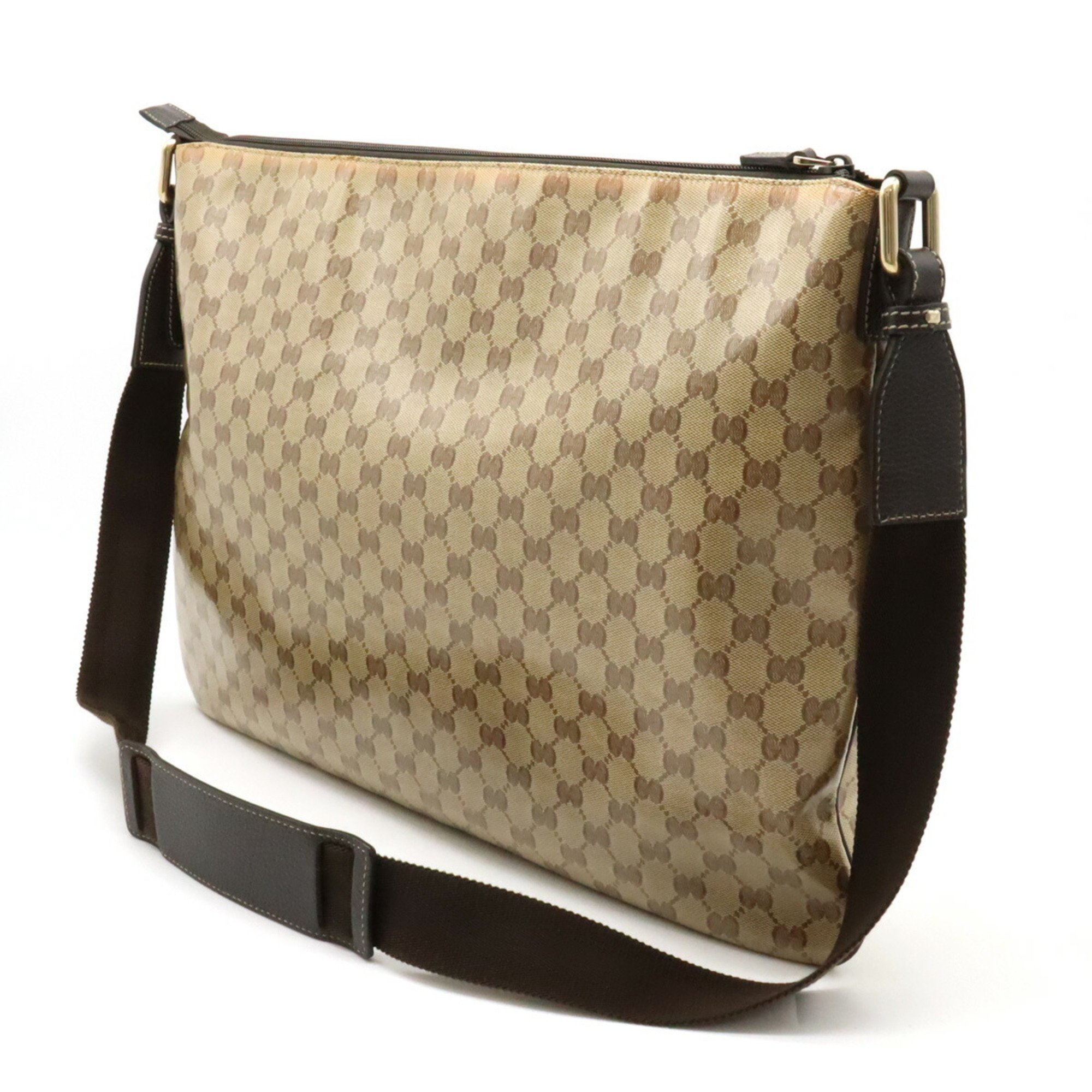 GUCCI GG Crystal Shoulder Bag, Coated Canvas, Leather, Khaki Beige, Dark Brown, 190628