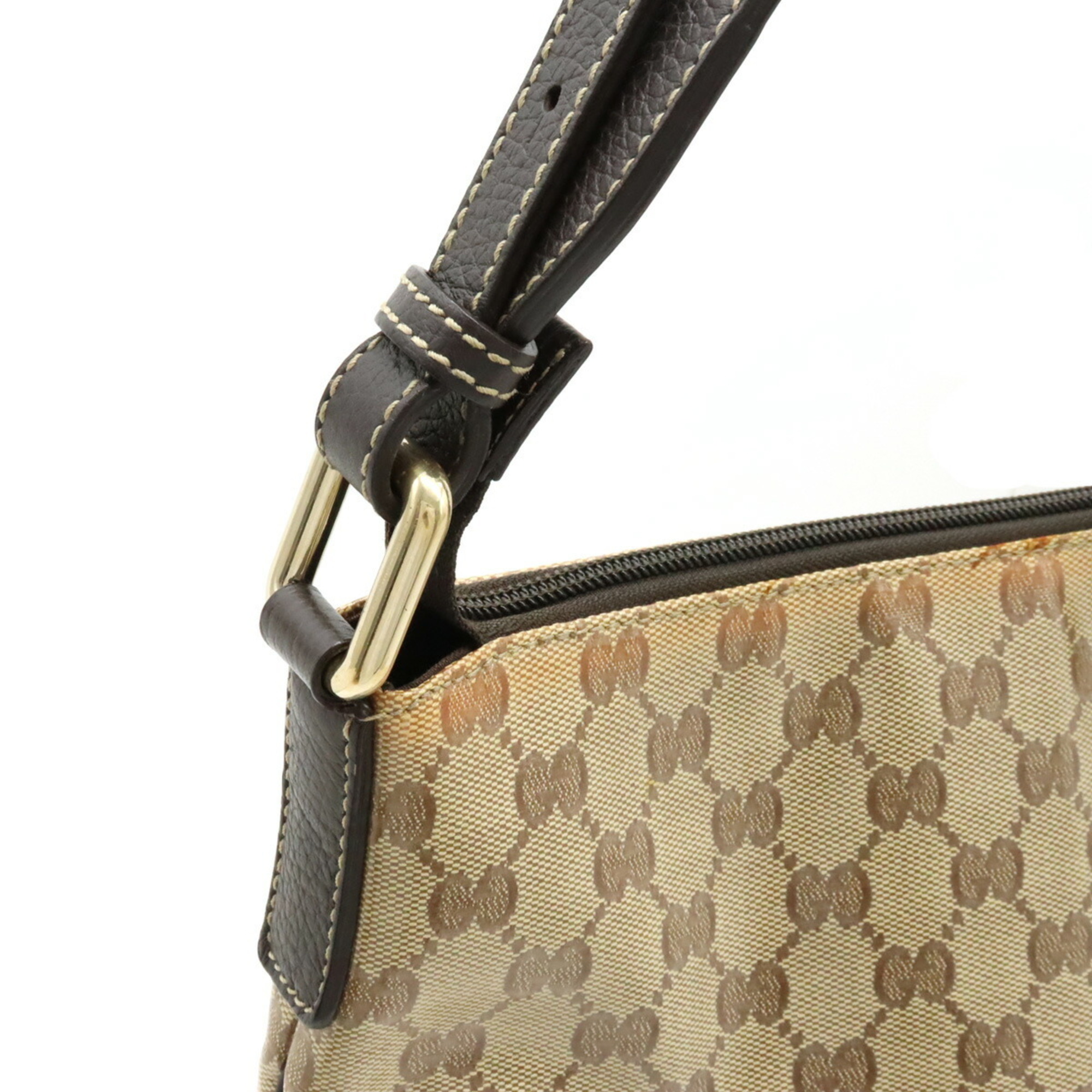 GUCCI GG Crystal Shoulder Bag, Coated Canvas, Leather, Khaki Beige, Dark Brown, 190628