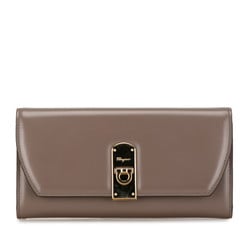 Salvatore Ferragamo Gancini Long Wallet Grey Gold Leather Women's