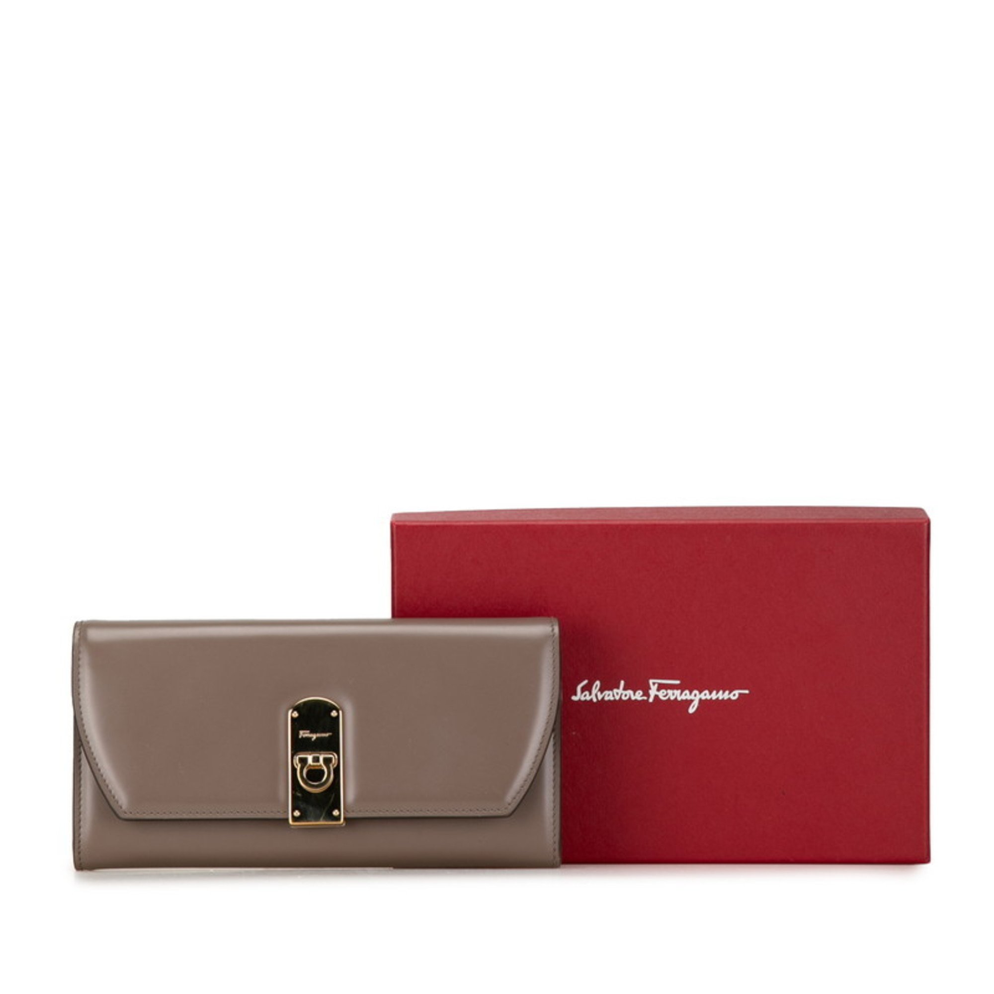 Salvatore Ferragamo Gancini Long Wallet Grey Gold Leather Women's