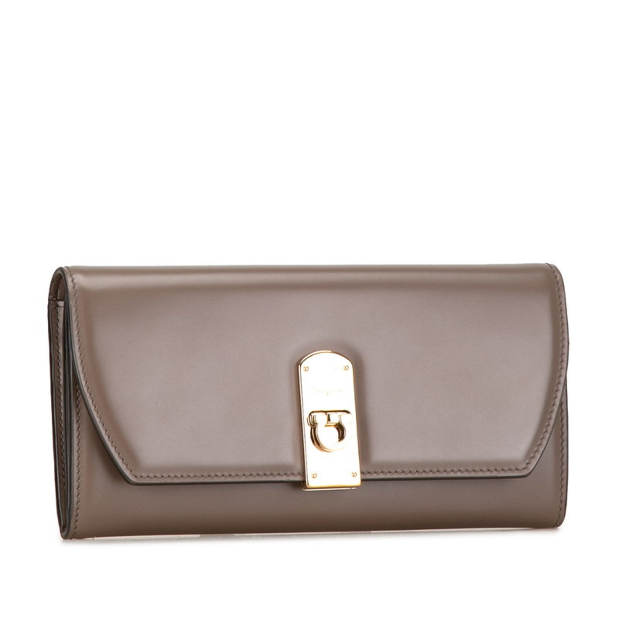 Salvatore Ferragamo Gancini Long Wallet Grey Gold Leather Women's