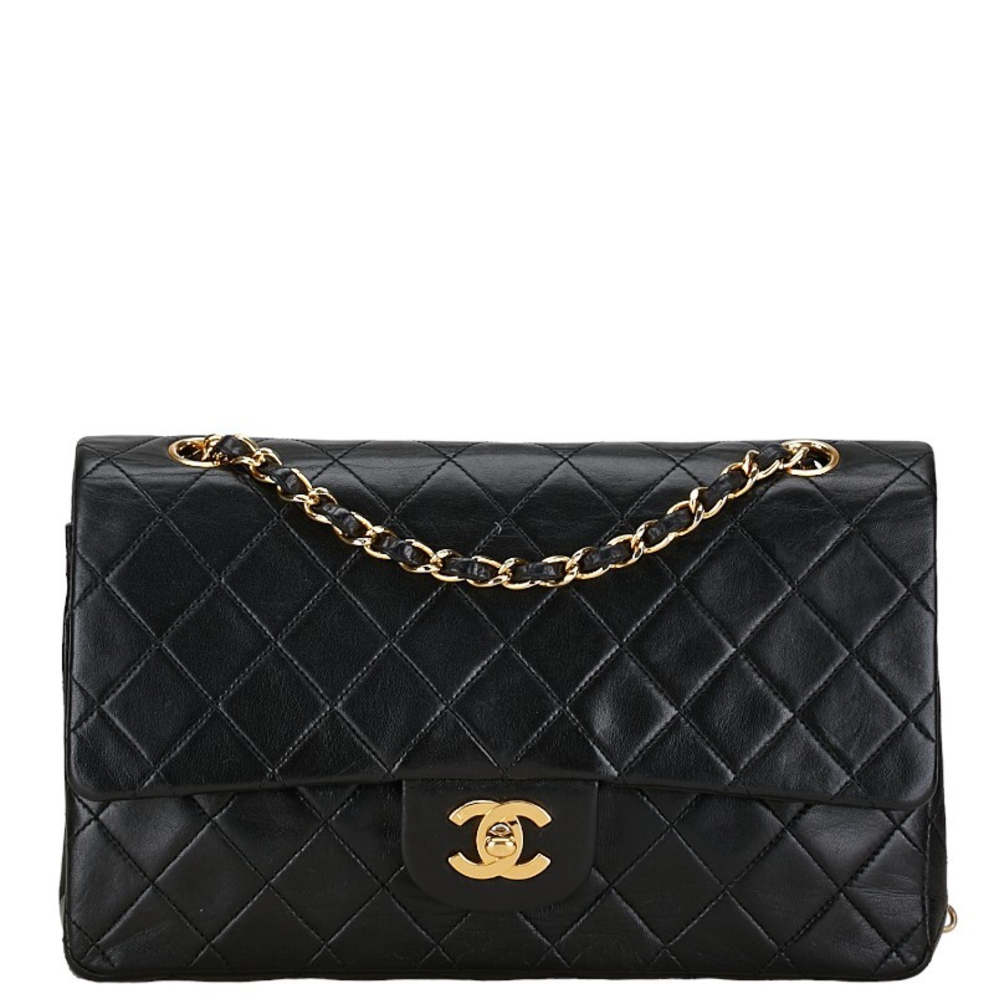 Chanel Matelasse 25 Coco Mark Double Flap Chain Shoulder Bag Black Lambskin Women's CHANEL