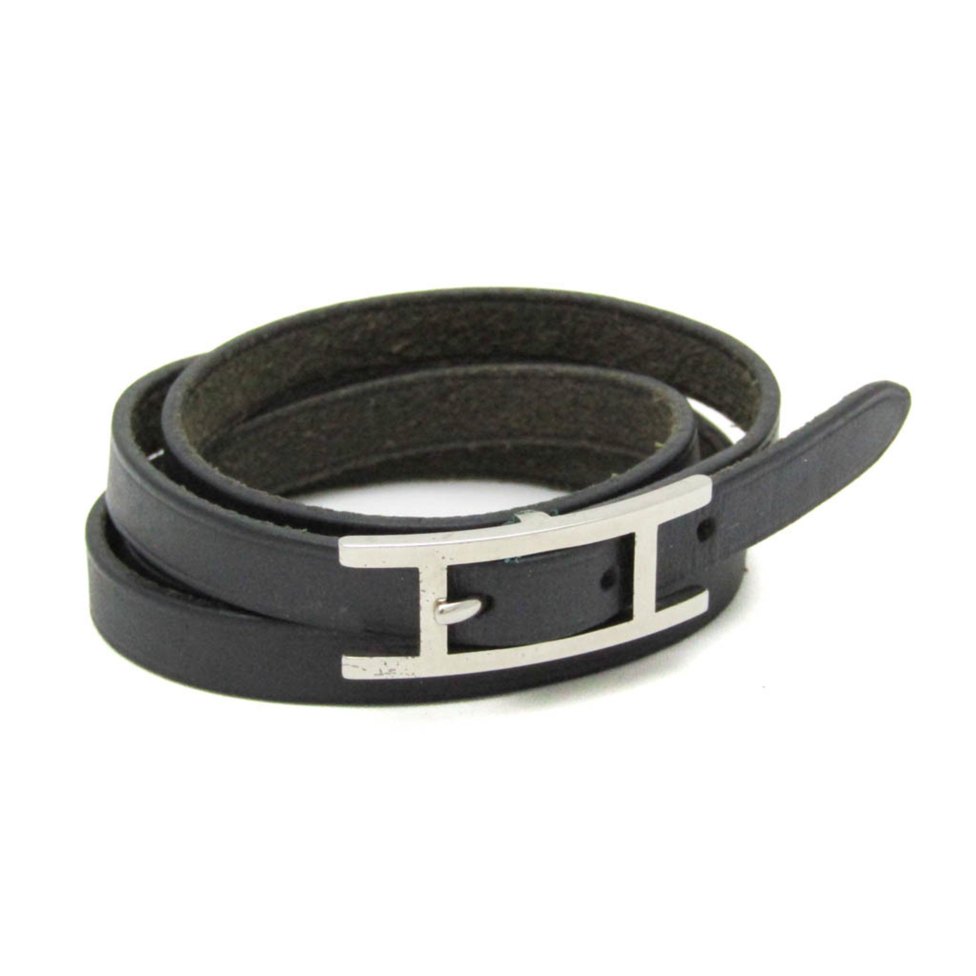 Hermes Hapi Choker Leather,Metal Bangle Black,Silver