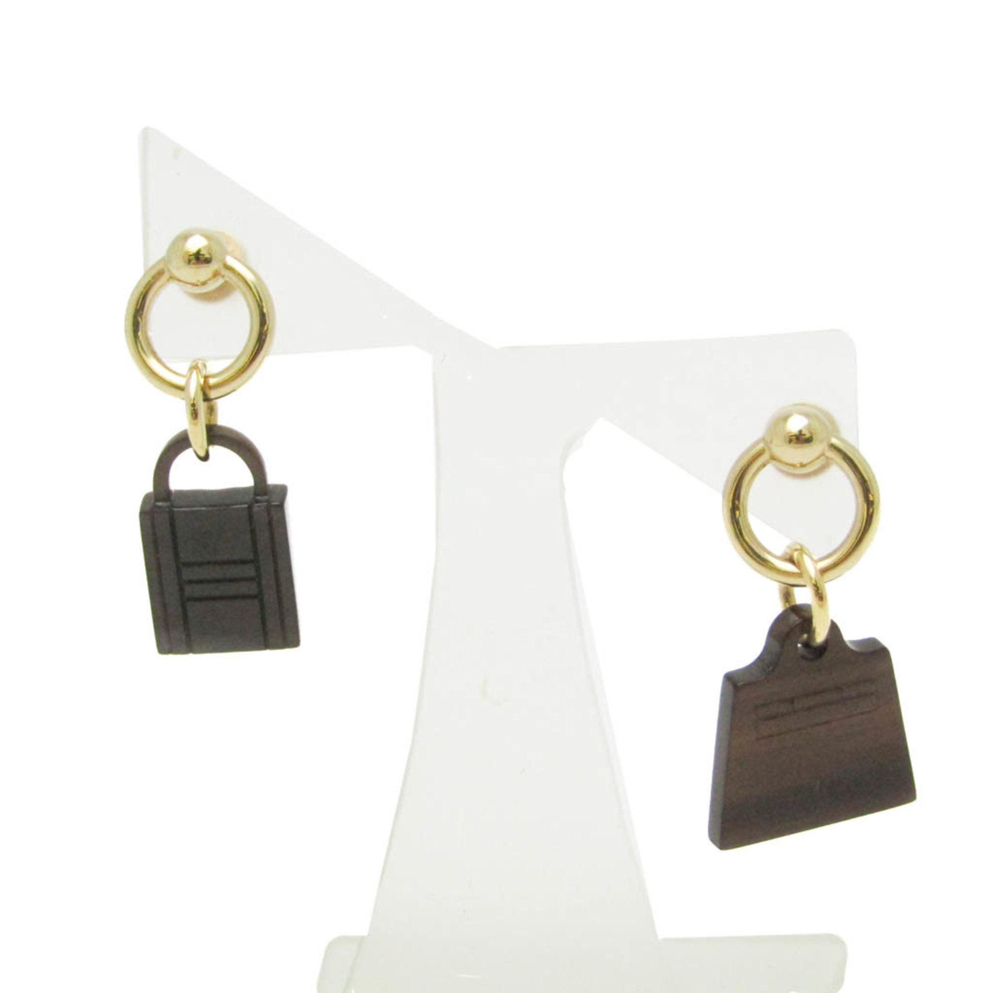 Hermes Amulettes Maroquinier Padlock Kelly Motif Buffalo Horn,Metal Stud Earrings Dark Brown,Gold