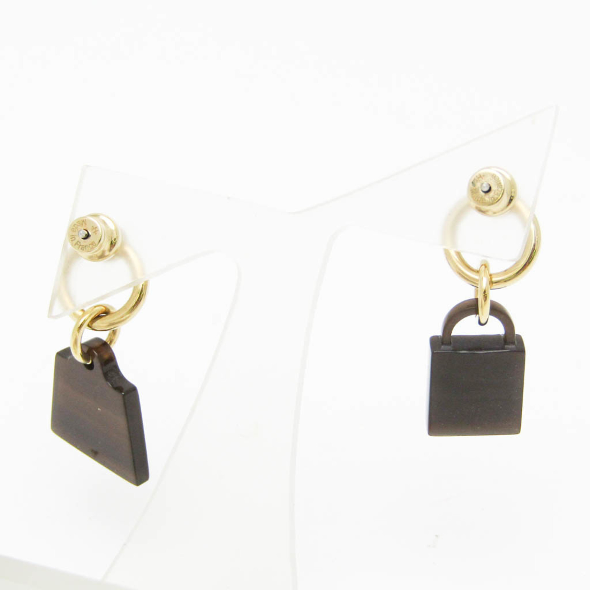 Hermes Amulettes Maroquinier Padlock Kelly Motif Buffalo Horn,Metal Stud Earrings Dark Brown,Gold