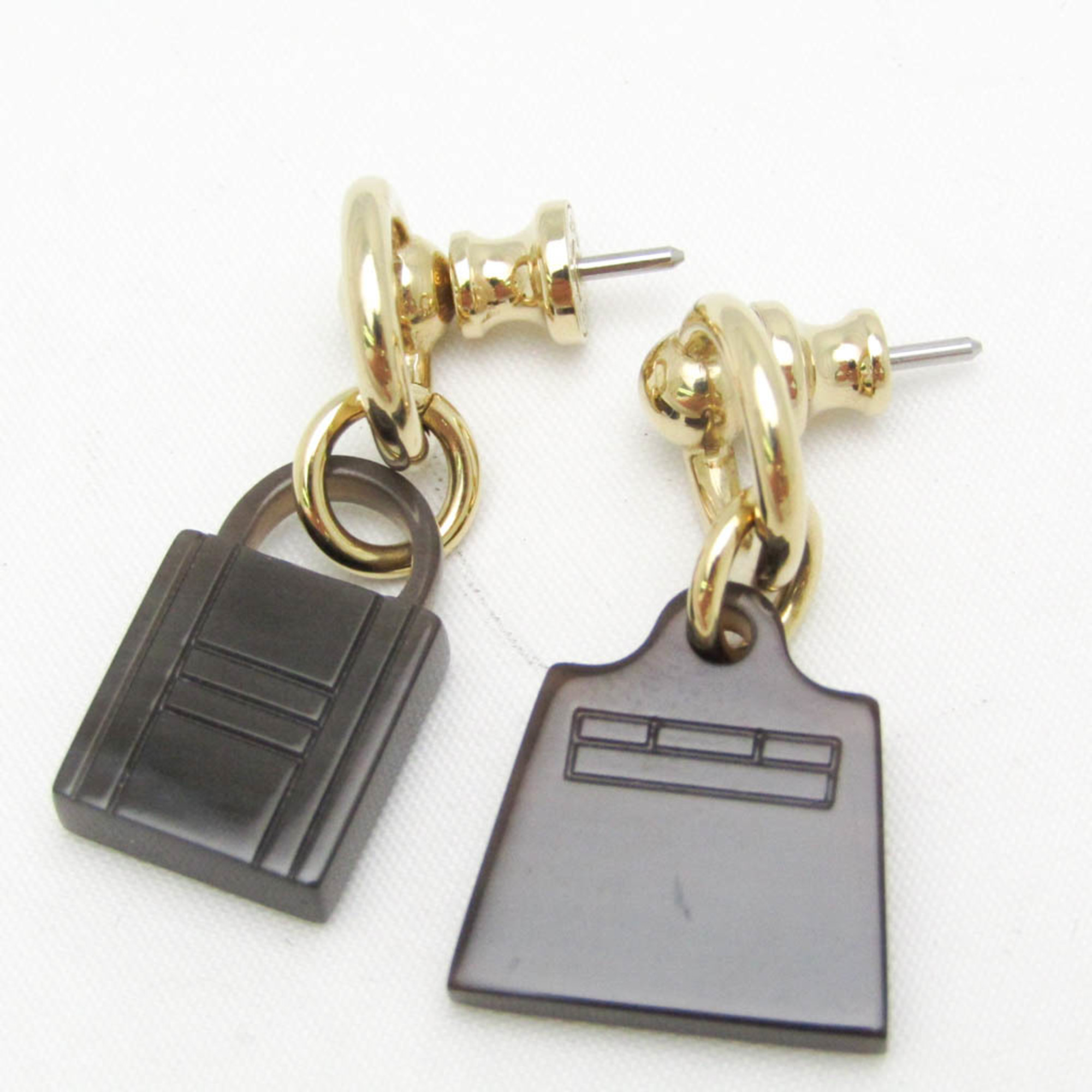 Hermes Amulettes Maroquinier Padlock Kelly Motif Buffalo Horn,Metal Stud Earrings Dark Brown,Gold