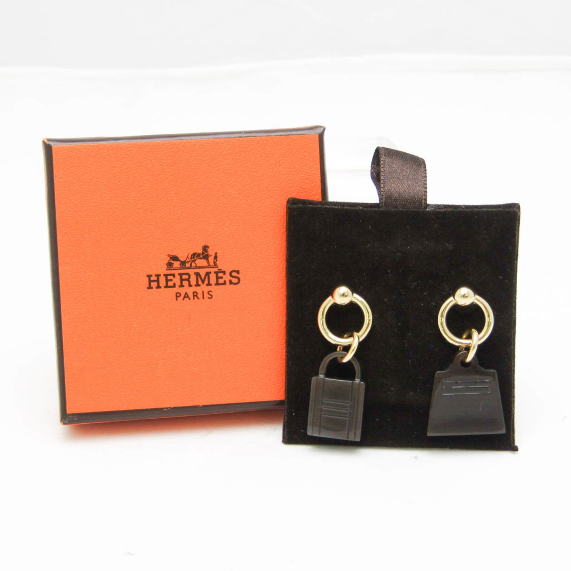 Hermes Amulettes Maroquinier Padlock Kelly Motif Buffalo Horn,Metal Stud Earrings Dark Brown,Gold