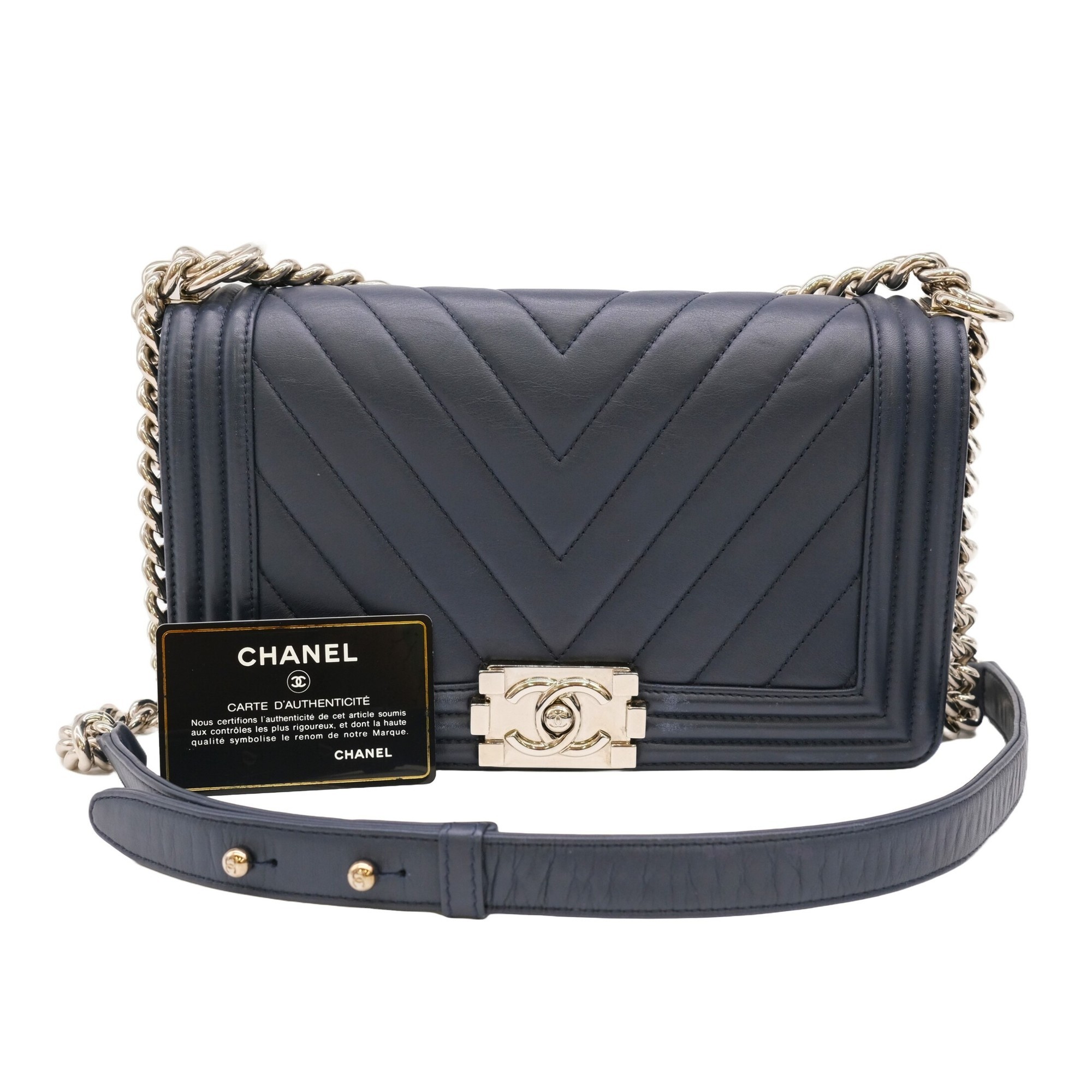 CHANEL Boy Chanel V-stitch chain shoulder handbag dark navy blue with sticker