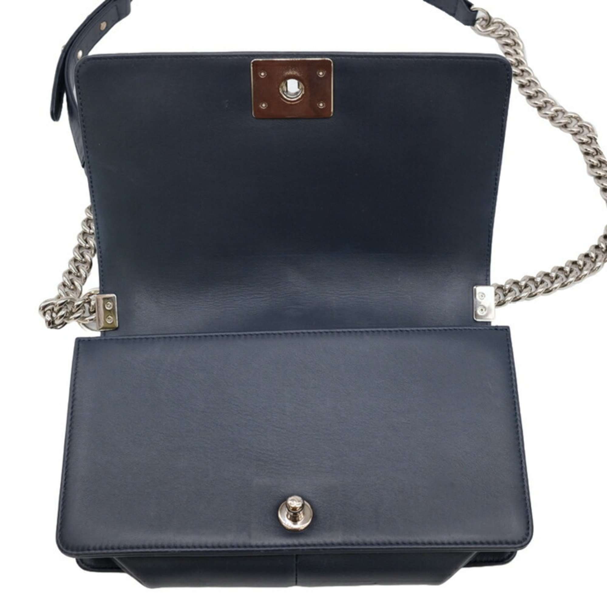 CHANEL Boy Chanel V-stitch chain shoulder handbag dark navy blue with sticker