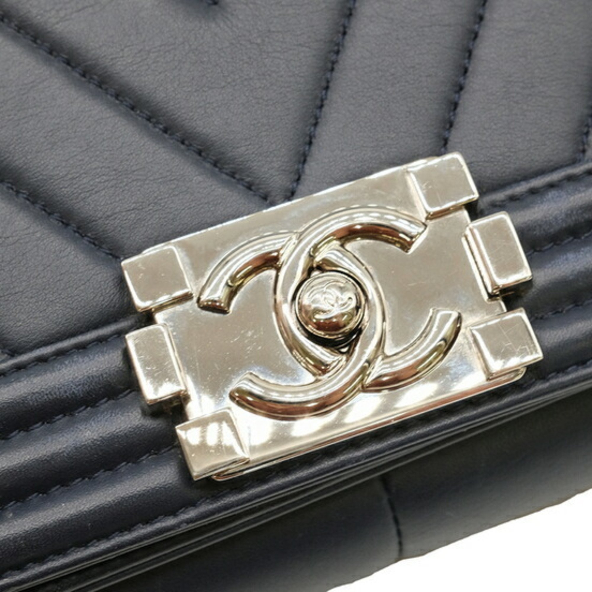 CHANEL Boy Chanel V-stitch chain shoulder handbag dark navy blue with sticker