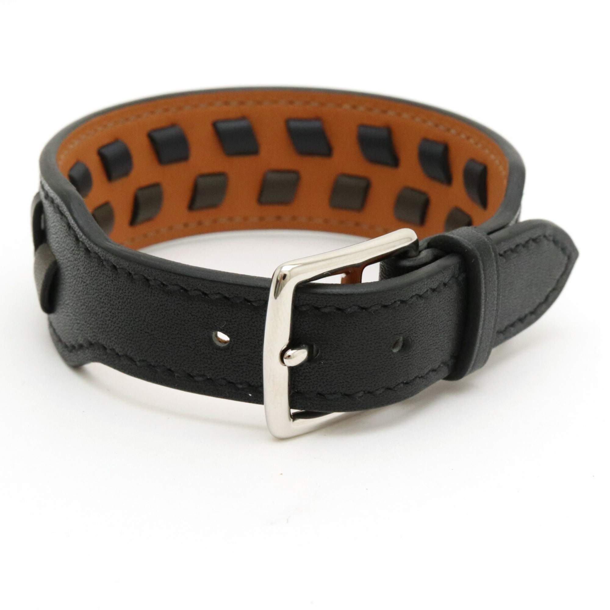 HERMES Etrivière Derby Bracelet Leather Black Khaki Navy U Stamp