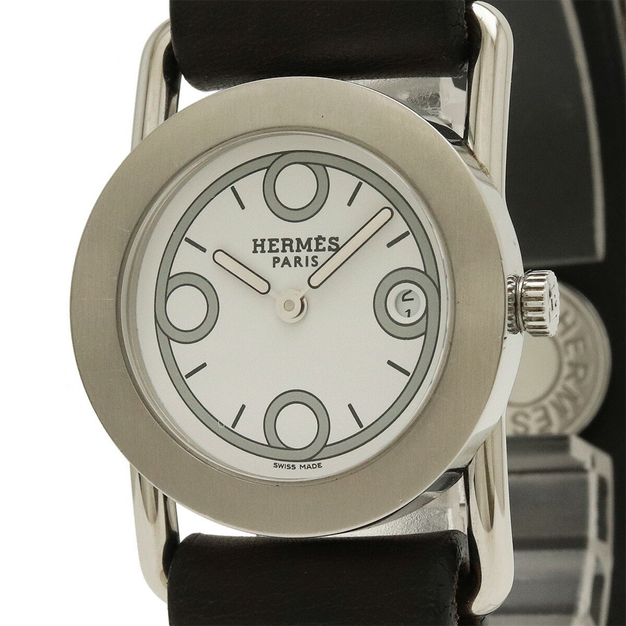 HERMES Barenia Ronde Round Ladies Quartz Watch White Dial Leather Orange Bicolor Reversible BR1.210