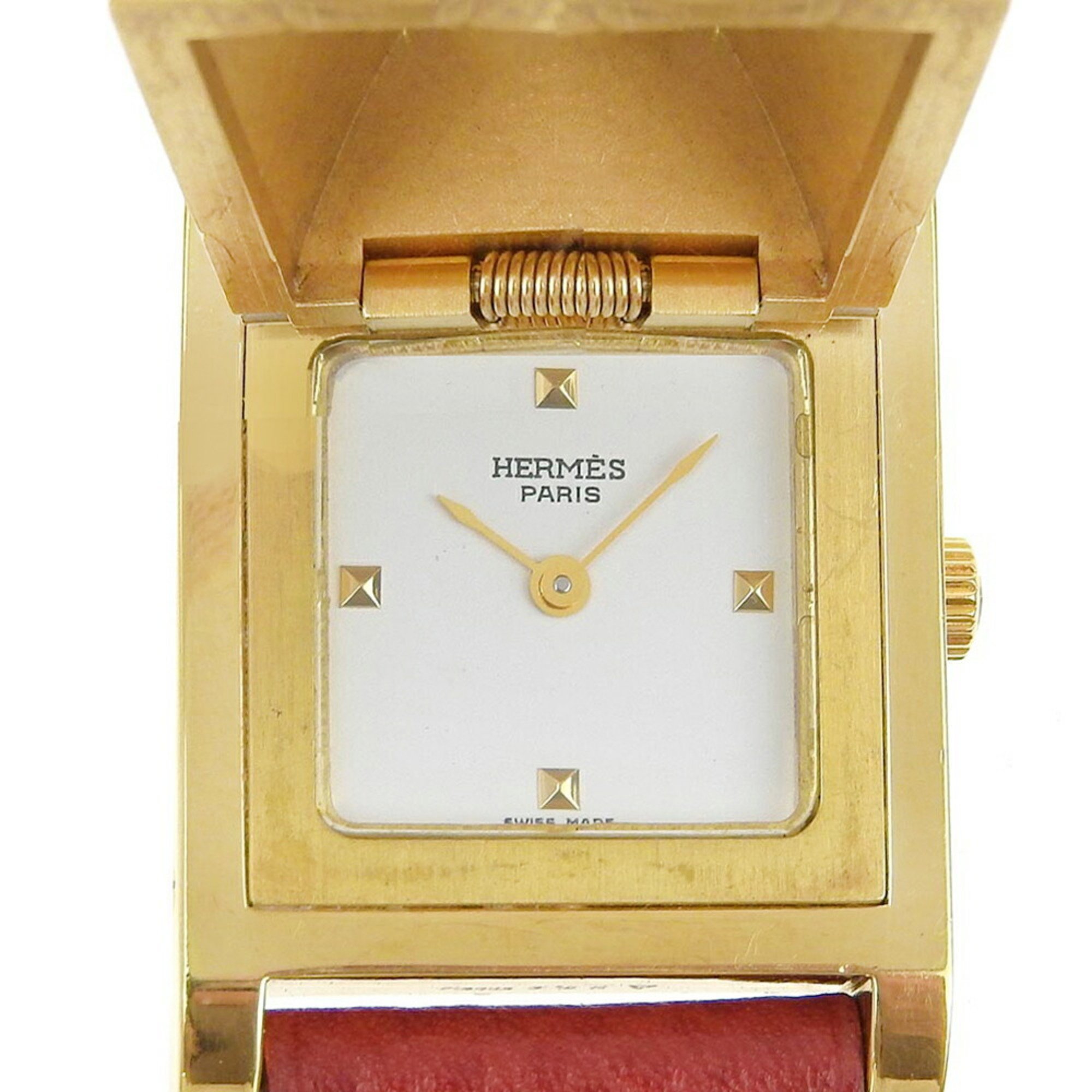 Hermes HERMES Medor Watch ME1.201 Gold Plated x Leather 1996 Wine Red ○Z Quartz Analog Display White Dial Ladies