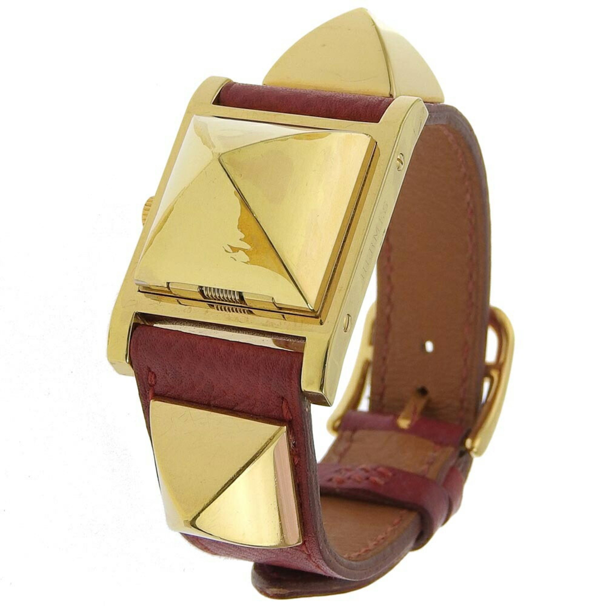 Hermes HERMES Medor Watch ME1.201 Gold Plated x Leather 1996 Wine Red ○Z Quartz Analog Display White Dial Ladies