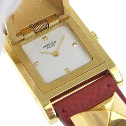 Hermes HERMES Medor Watch ME1.201 Gold Plated x Leather 1996 Wine Red ○Z Quartz Analog Display White Dial Ladies