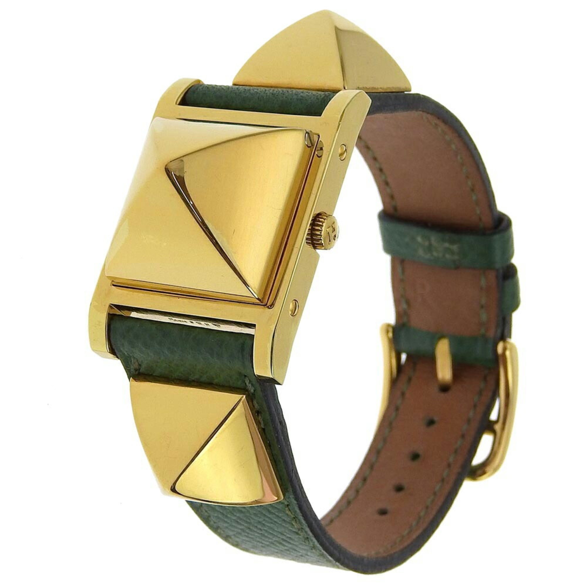 Hermes HERMES Medor Watch Gold Plated x Leather 1994 Green 〇X Quartz Analog Display White Dial Ladies