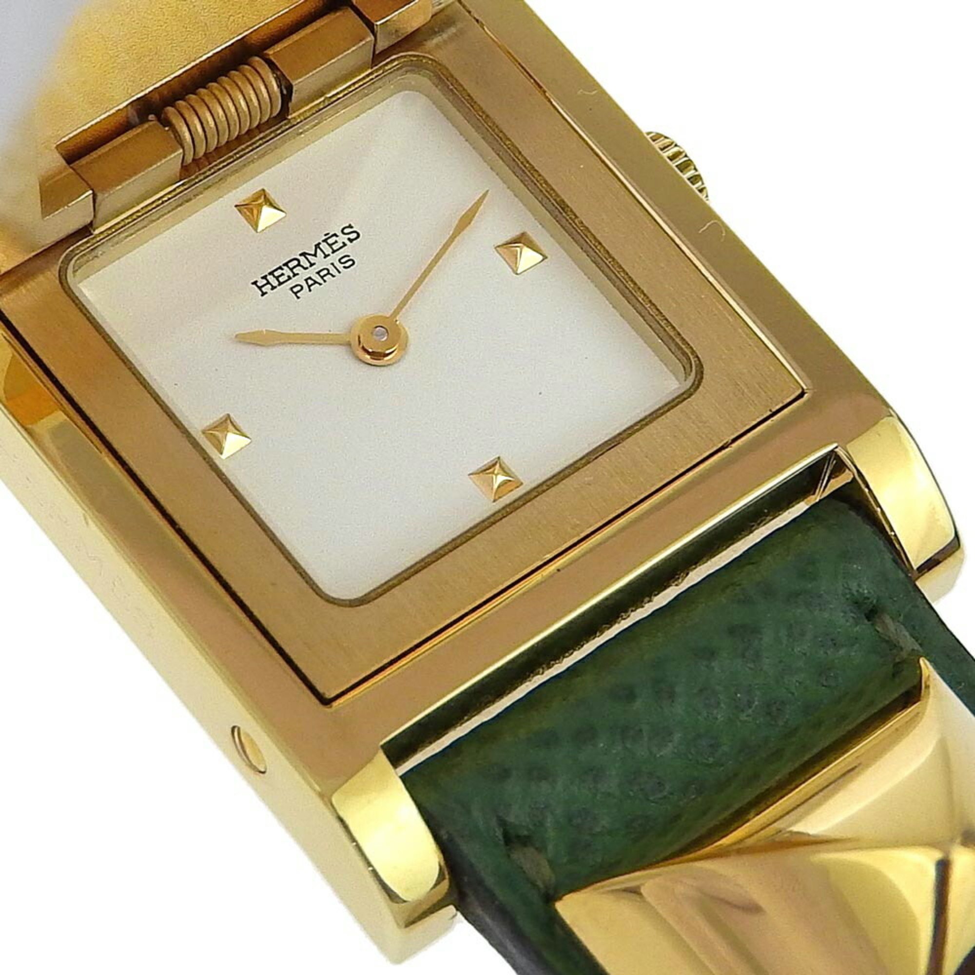 Hermes HERMES Medor Watch Gold Plated x Leather 1994 Green 〇X Quartz Analog Display White Dial Ladies