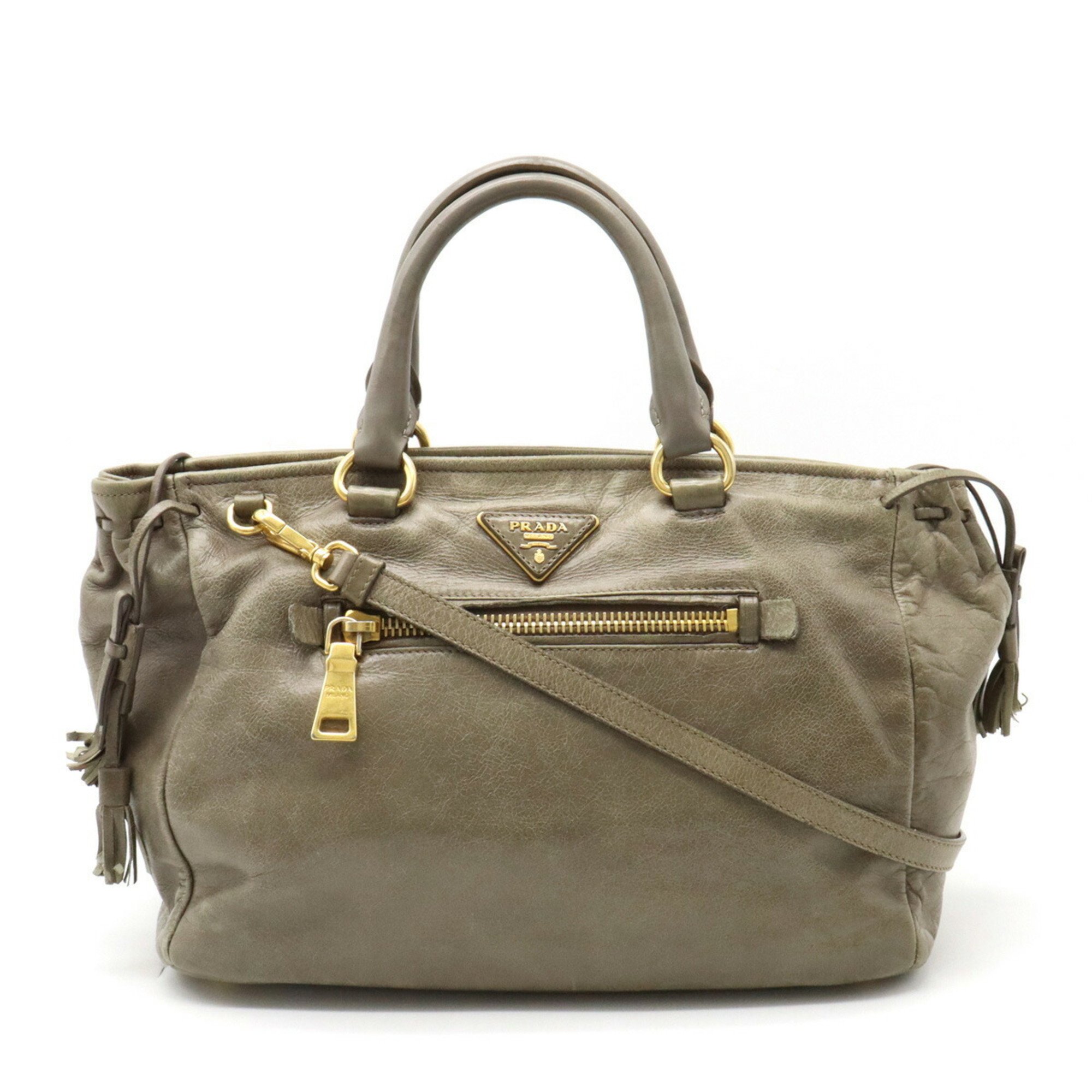 PRADA Prada Tassel Handbag Shoulder Bag Leather Khaki Gray BN1921