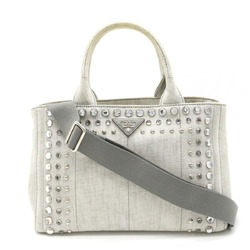 PRADA CANAPA Tote Bag Shoulder Beads Studs Canvas Light Gray 1BG439