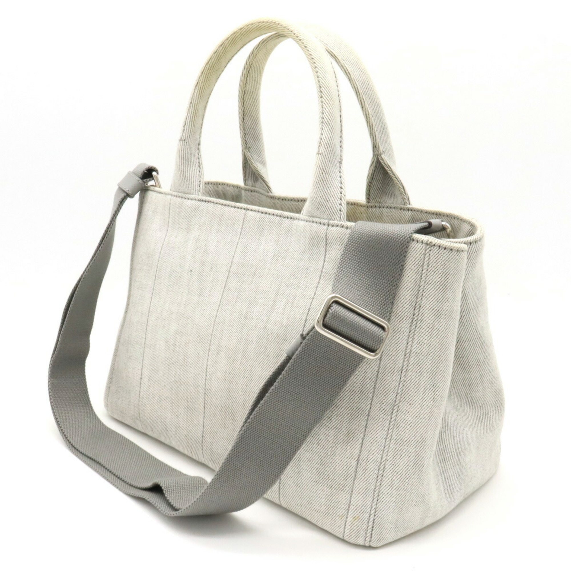 PRADA CANAPA Tote Bag Shoulder Beads Studs Canvas Light Gray 1BG439