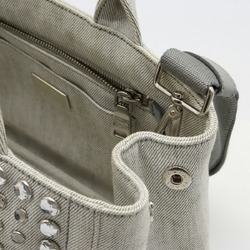 PRADA CANAPA Tote Bag Shoulder Beads Studs Canvas Light Gray 1BG439