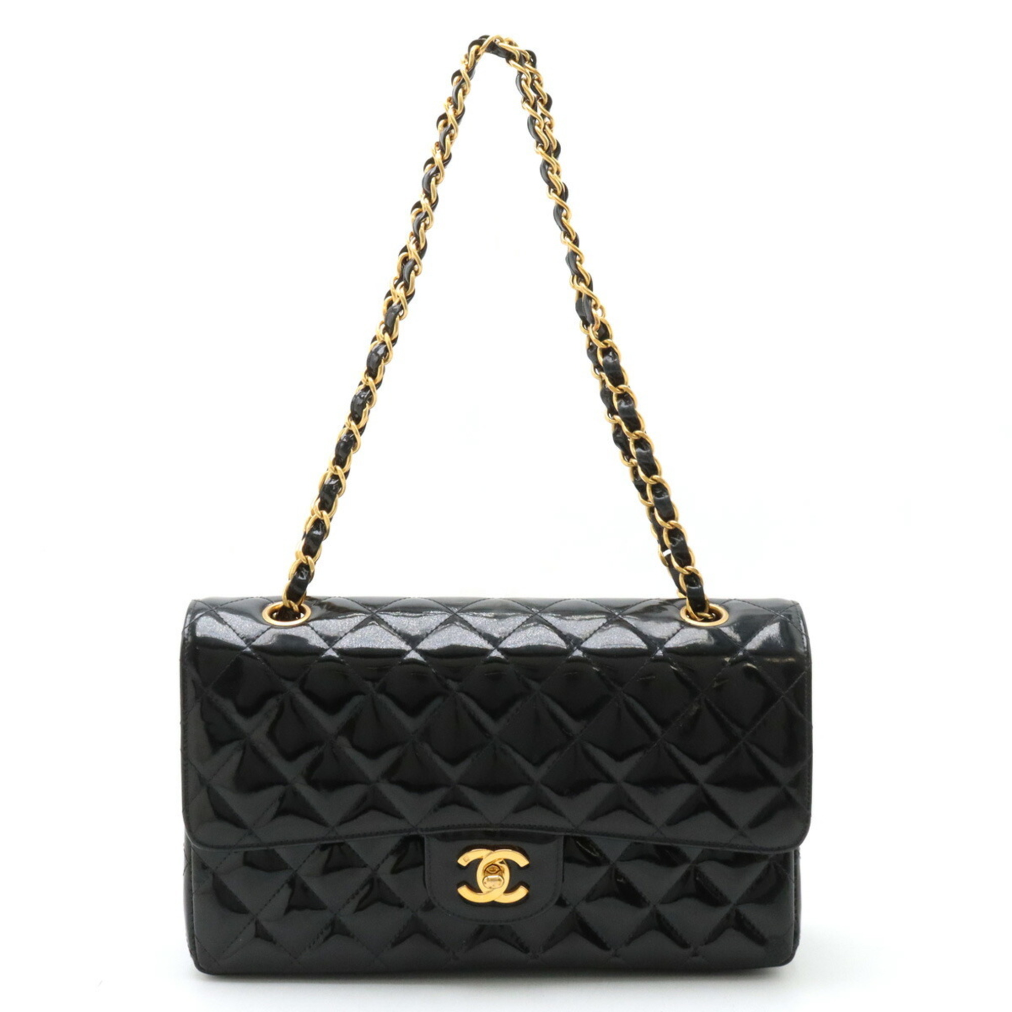 CHANEL Chanel Matelasse 25 Coco Mark Double Chain Shoulder Bag Patent Leather Enamel Black