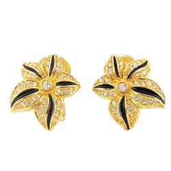 Christian Dior Earrings Flower Motif Rhinestone GP Plated Gold Black Women's