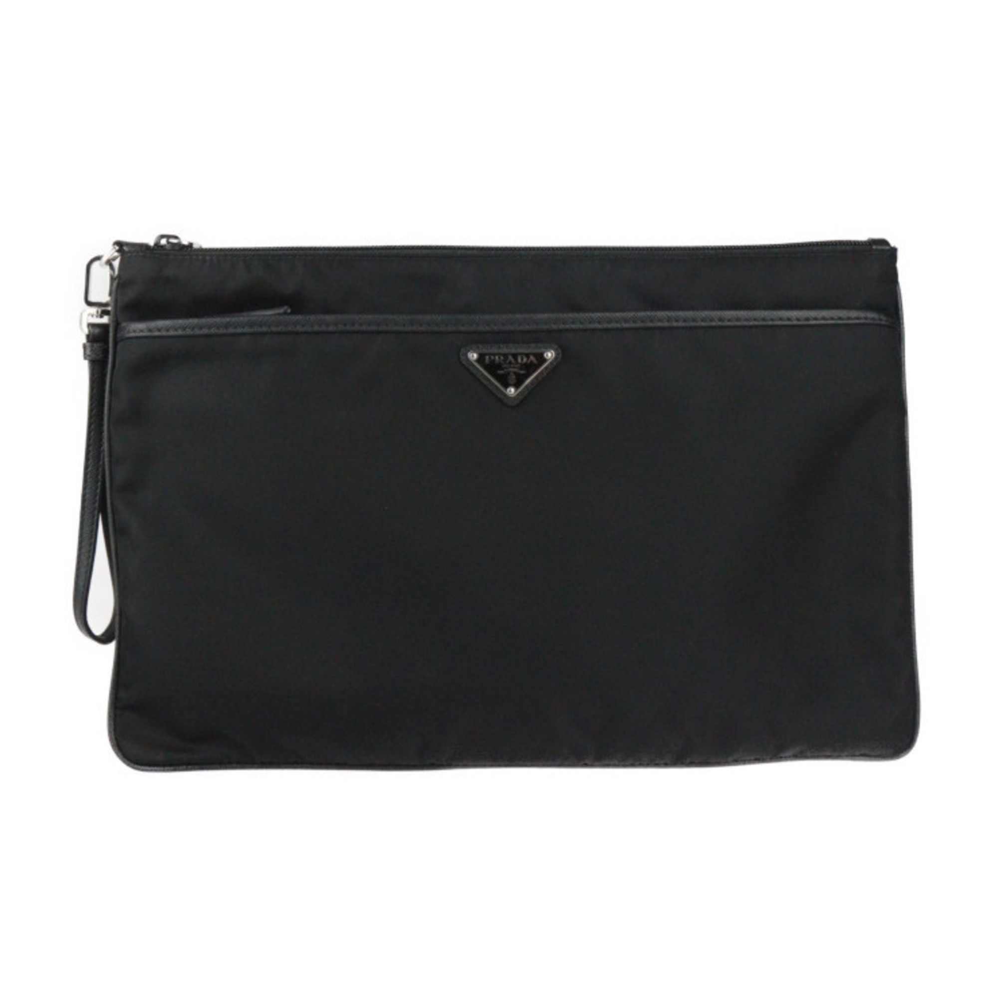 PRADA TESSUTO Second Bag 2VN012 Nylon Leather Black Wristlet Clutch Pouch Triangle Plate