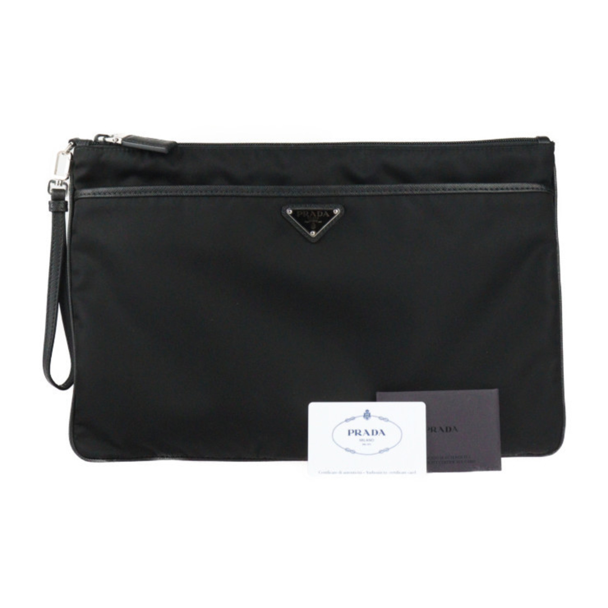 PRADA TESSUTO Second Bag 2VN012 Nylon Leather Black Wristlet Clutch Pouch Triangle Plate