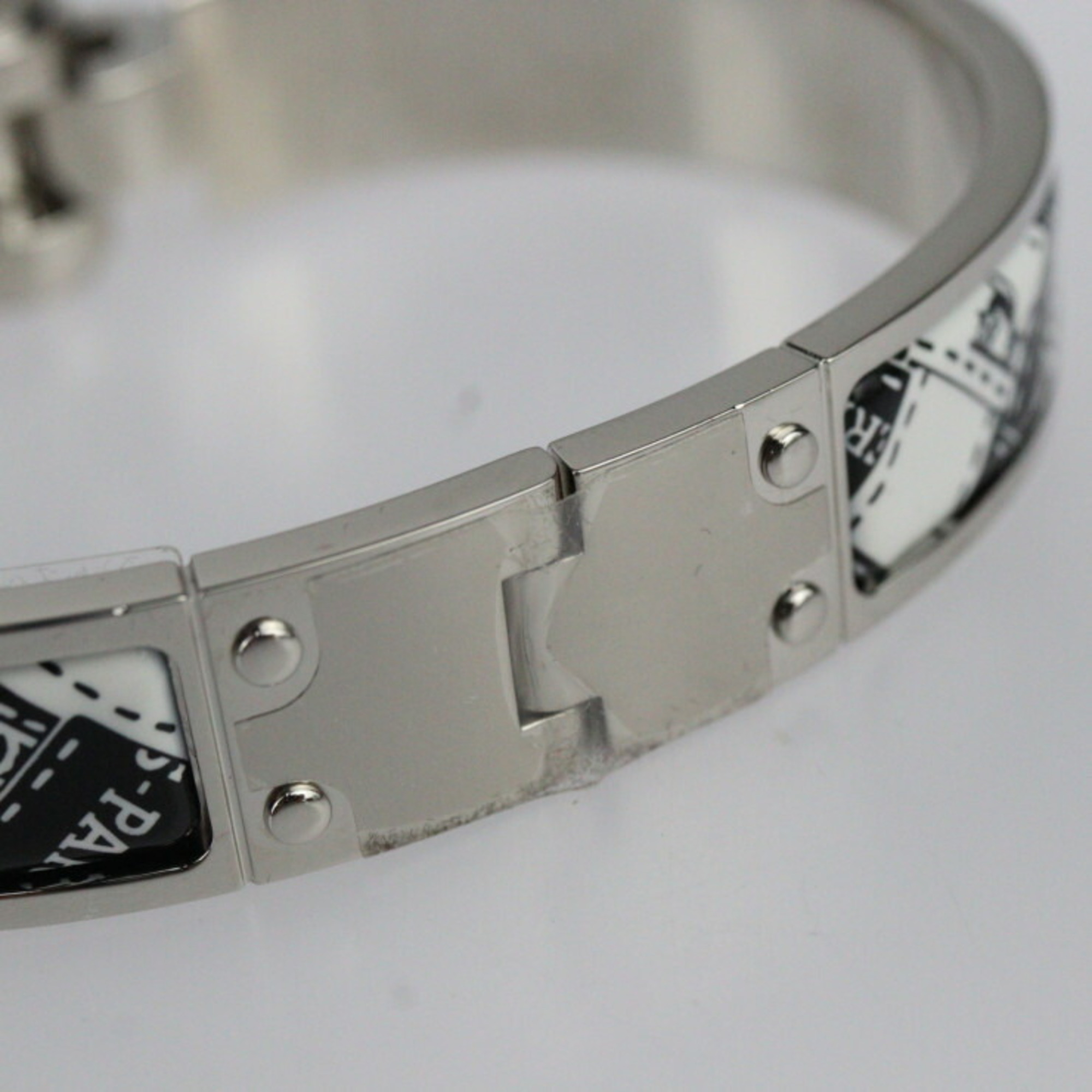 HERMES Charnier PM Bracelet Metal Cloisonne Silver Black White Bangle